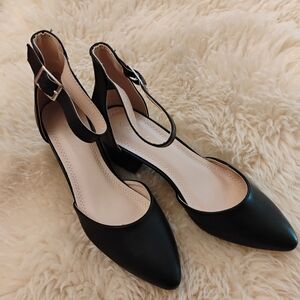 Black closed pointed toe ankle strap block heel shoe...Funn